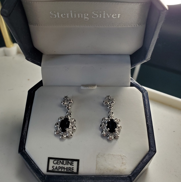 Sterling Silver Genuine Sapphire Earrings - New in Box - Picture 1 of 1